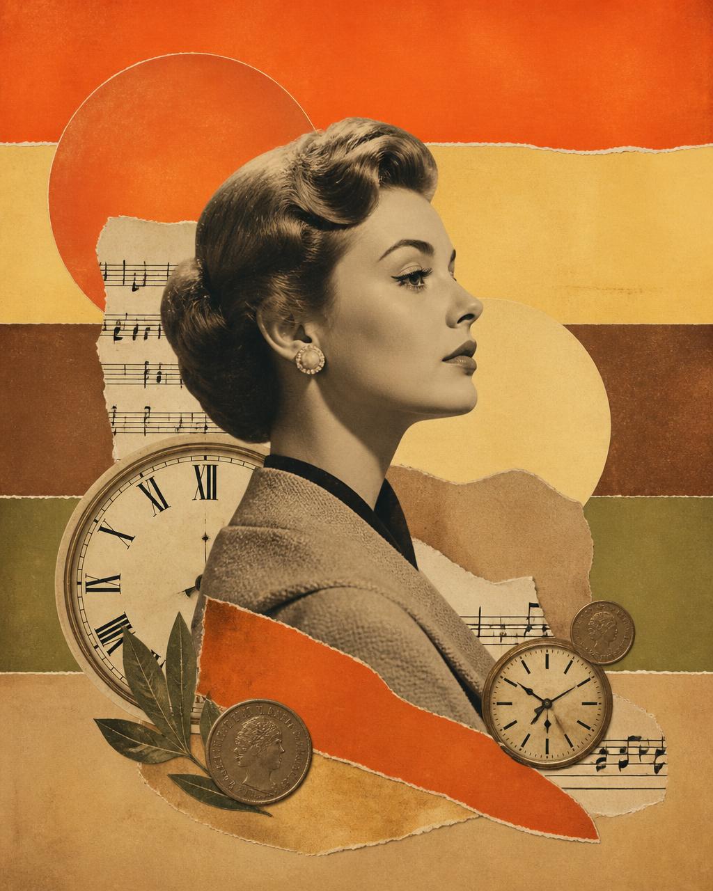 Sepia collage of a woman in 1950s styling surrounded by torn paper, clock faces and sheet music